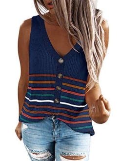 Zecilbo Women's Stripes Knit Tank Top Sleeveless V-Neck Solid Color Blouse Shirts Tunics