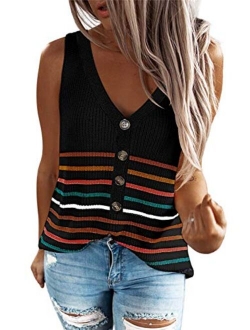 Zecilbo Women's Stripes Knit Tank Top Sleeveless V-Neck Solid Color Blouse Shirts Tunics