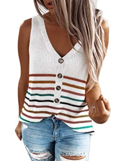 Zecilbo Women's Stripes Knit Tank Top Sleeveless V-Neck Solid Color Blouse Shirts Tunics