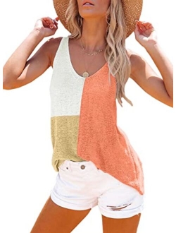 Zecilbo Women's Stripes Knit Tank Top Sleeveless V-Neck Solid Color Blouse Shirts Tunics