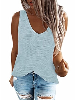 Zecilbo Women's Stripes Knit Tank Top Sleeveless V-Neck Solid Color Blouse Shirts Tunics