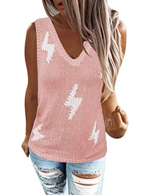 Zecilbo Women's Stripes Knit Tank Top Sleeveless V-Neck Solid Color Blouse Shirts Tunics