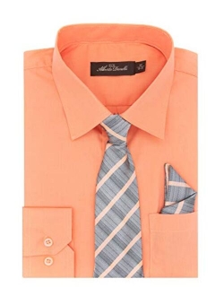 Alberto Danelli Boys Dress Shirt with Matching Tie and Handkerchief, Long Sleeve Button Down, Pocket