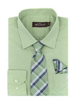 Alberto Danelli Boys Dress Shirt with Matching Tie and Handkerchief, Long Sleeve Button Down, Pocket