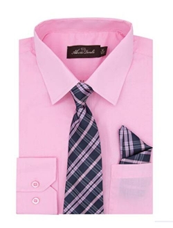 Alberto Danelli Boys Dress Shirt with Matching Tie and Handkerchief, Long Sleeve Button Down, Pocket