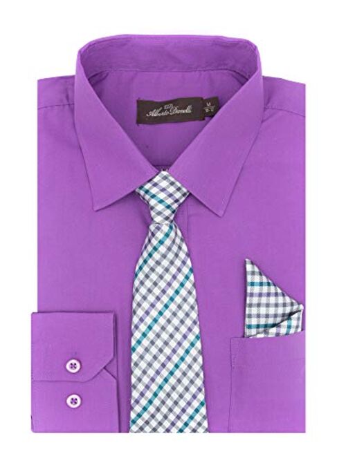 Alberto Danelli Boys Dress Shirt with Matching Tie and Handkerchief, Long Sleeve Button Down, Pocket