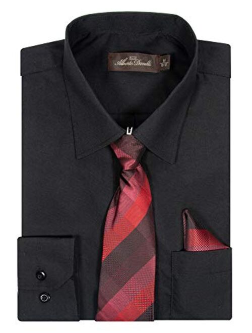 Alberto Danelli Boys Dress Shirt with Matching Tie and Handkerchief, Long Sleeve Button Down, Pocket