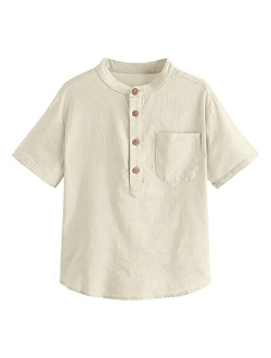 Inorin Boys Button Up Henley Shirt Short Sleeve Lightweight Summer Linen Cotton Dress Shirts Tees Tops with One Pocket