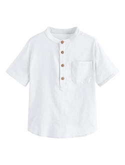 Inorin Boys Button Up Henley Shirt Short Sleeve Lightweight Summer Linen Cotton Dress Shirts Tees Tops with One Pocket