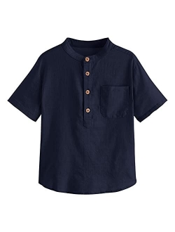 Inorin Boys Button Up Henley Shirt Short Sleeve Lightweight Summer Linen Cotton Dress Shirts Tees Tops with One Pocket