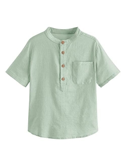 Inorin Boys Button Up Henley Shirt Short Sleeve Lightweight Summer Linen Cotton Dress Shirts Tees Tops with One Pocket