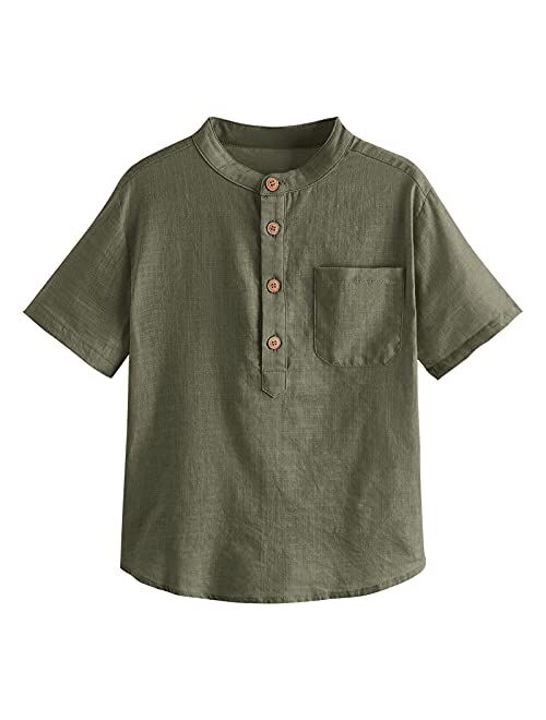 Inorin Boys Button Up Henley Shirt Short Sleeve Lightweight Summer Linen Cotton Dress Shirts Tees Tops with One Pocket