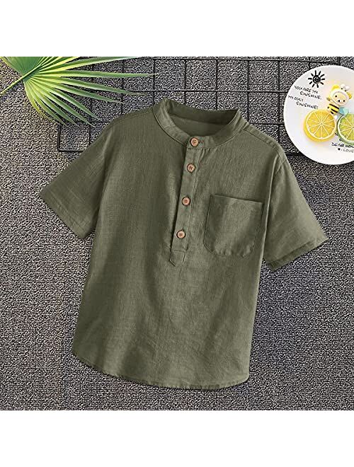 Inorin Boys Button Up Henley Shirt Short Sleeve Lightweight Summer Linen Cotton Dress Shirts Tees Tops with One Pocket