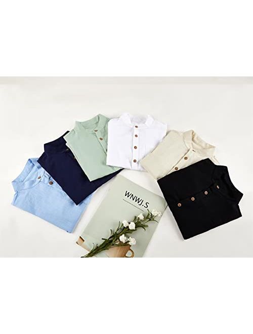 Inorin Boys Button Up Henley Shirt Short Sleeve Lightweight Summer Linen Cotton Dress Shirts Tees Tops with One Pocket