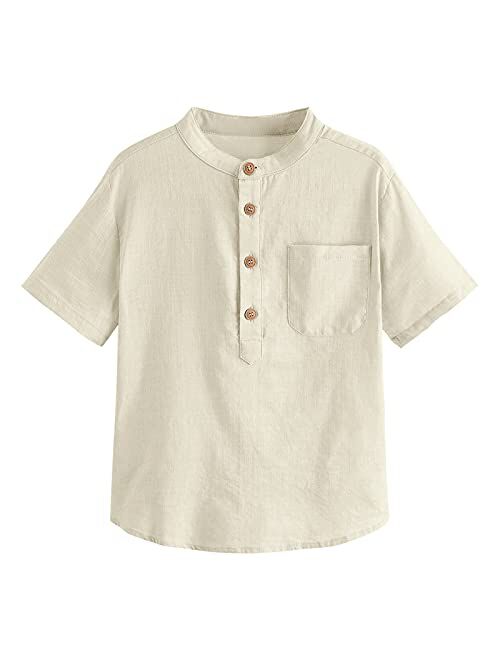 Inorin Boys Button Up Henley Shirt Short Sleeve Lightweight Summer Linen Cotton Dress Shirts Tees Tops with One Pocket