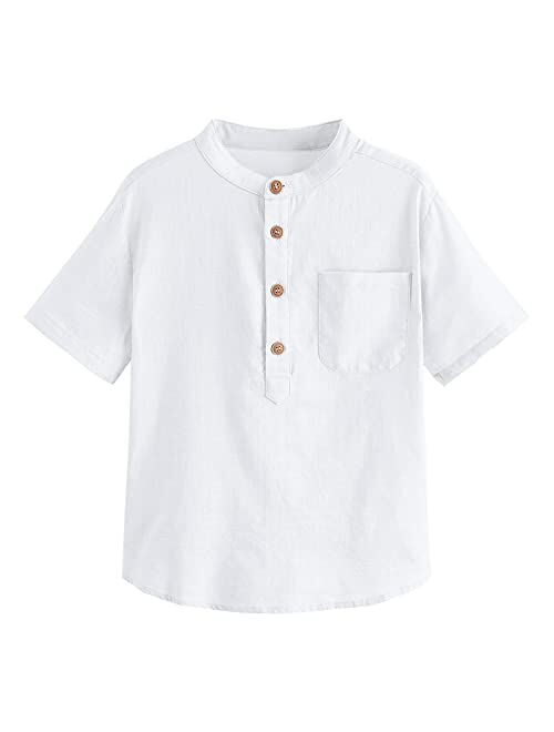 Inorin Boys Button Up Henley Shirt Short Sleeve Lightweight Summer Linen Cotton Dress Shirts Tees Tops with One Pocket