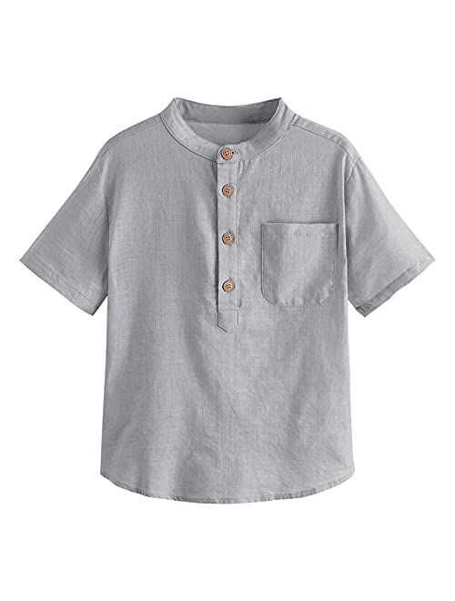 Inorin Boys Button Up Henley Shirt Short Sleeve Lightweight Summer Linen Cotton Dress Shirts Tees Tops with One Pocket