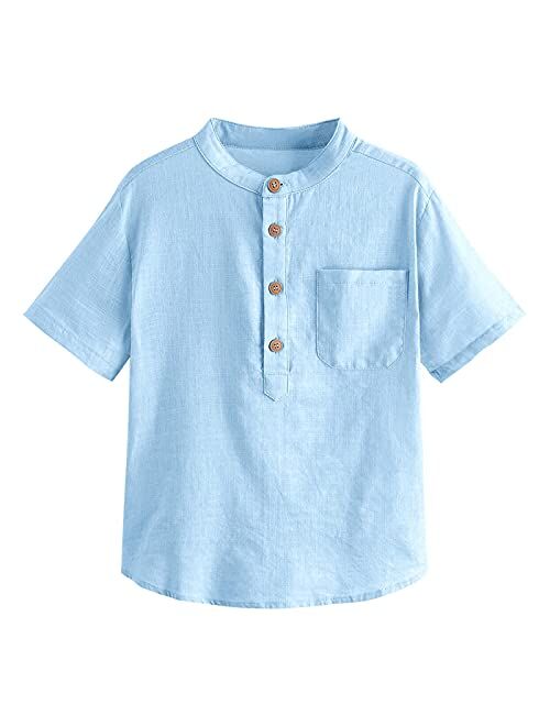 Inorin Boys Button Up Henley Shirt Short Sleeve Lightweight Summer Linen Cotton Dress Shirts Tees Tops with One Pocket