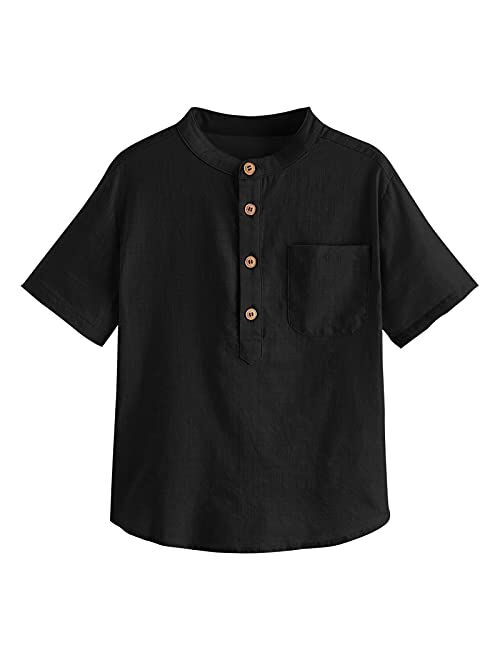 Inorin Boys Button Up Henley Shirt Short Sleeve Lightweight Summer Linen Cotton Dress Shirts Tees Tops with One Pocket