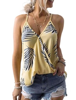 Womens 2022 V Neck Camisole Leaf Print Tanks Tops and Blouse S-XXL