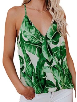 Womens 2022 V Neck Camisole Leaf Print Tanks Tops and Blouse S-XXL