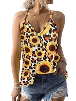 Womens 2022 V Neck Camisole Leaf Print Tanks Tops and Blouse S-XXL