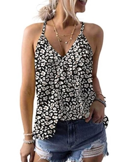 Womens 2022 V Neck Camisole Leaf Print Tanks Tops and Blouse S-XXL