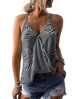 Womens 2022 V Neck Camisole Leaf Print Tanks Tops and Blouse S-XXL