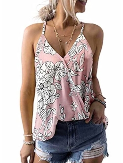 Womens 2022 V Neck Camisole Leaf Print Tanks Tops and Blouse S-XXL