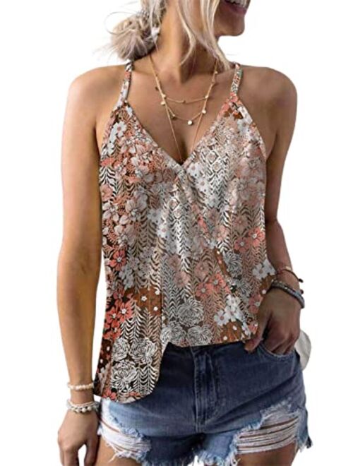 Dokotoo Womens 2022 V Neck Camisole Leaf Print Tanks Tops and Blouse S-XXL