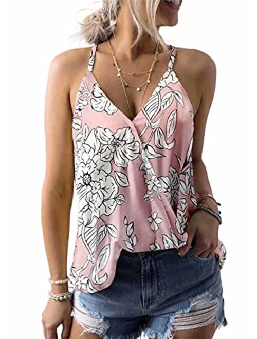 Dokotoo Womens 2022 V Neck Camisole Leaf Print Tanks Tops and Blouse S-XXL