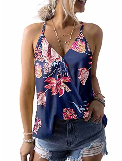 Dokotoo Womens 2022 V Neck Camisole Leaf Print Tanks Tops and Blouse S-XXL