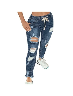 KUNMI Women High Waist Skinny Stretch Ripped Jeans Destroyed Denim Pants Plus Size