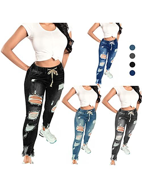 KUNMI Women High Waist Skinny Stretch Ripped Jeans Destroyed Denim Pants Plus Size