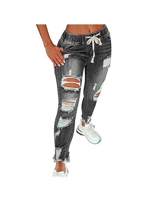 KUNMI Women High Waist Skinny Stretch Ripped Jeans Destroyed Denim Pants Plus Size