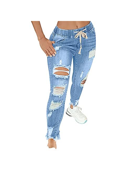 KUNMI Women High Waist Skinny Stretch Ripped Jeans Destroyed Denim Pants Plus Size