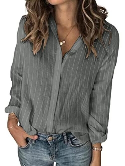 Karlywindow Womens Long Sleeve Button Down Cotton Linen Shirt Blouse Loose Fit Casual V-Neck Tops