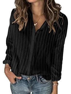 Karlywindow Womens Long Sleeve Button Down Cotton Linen Shirt Blouse Loose Fit Casual V-Neck Tops