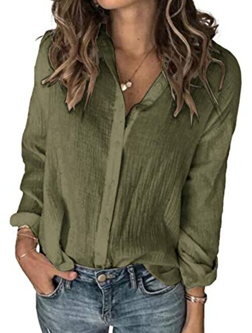 Karlywindow Womens Long Sleeve Button Down Cotton Linen Shirt Blouse Loose Fit Casual V-Neck Tops