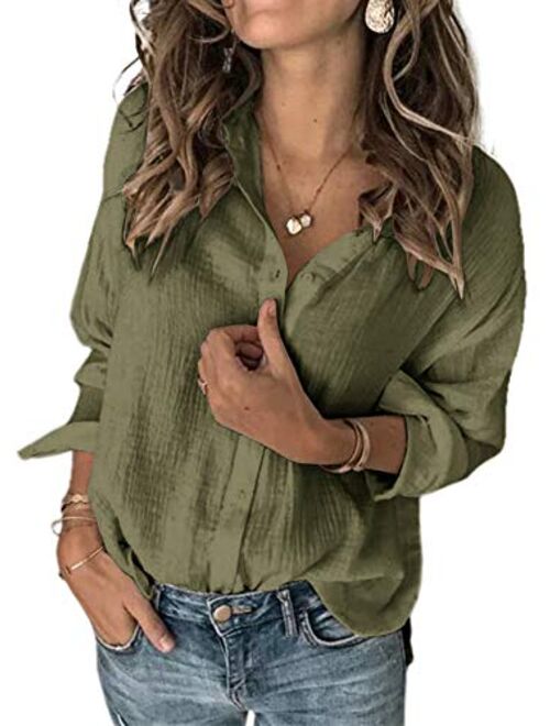 Karlywindow Womens Long Sleeve Button Down Cotton Linen Shirt Blouse Loose Fit Casual V-Neck Tops