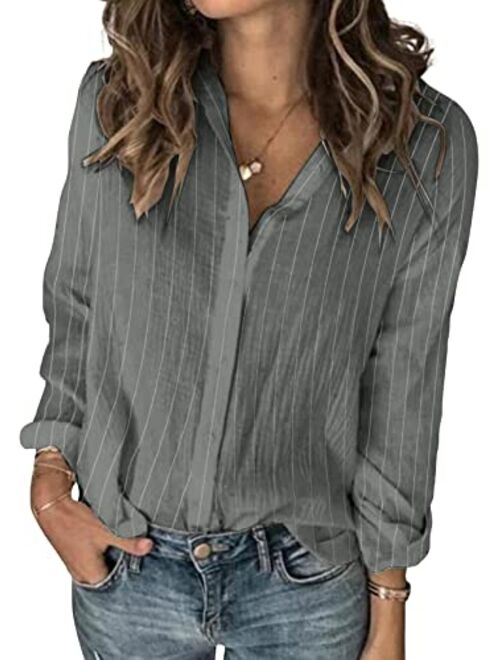 Karlywindow Womens Long Sleeve Button Down Cotton Linen Shirt Blouse Loose Fit Casual V-Neck Tops