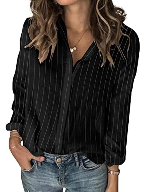 Karlywindow Womens Long Sleeve Button Down Cotton Linen Shirt Blouse Loose Fit Casual V-Neck Tops