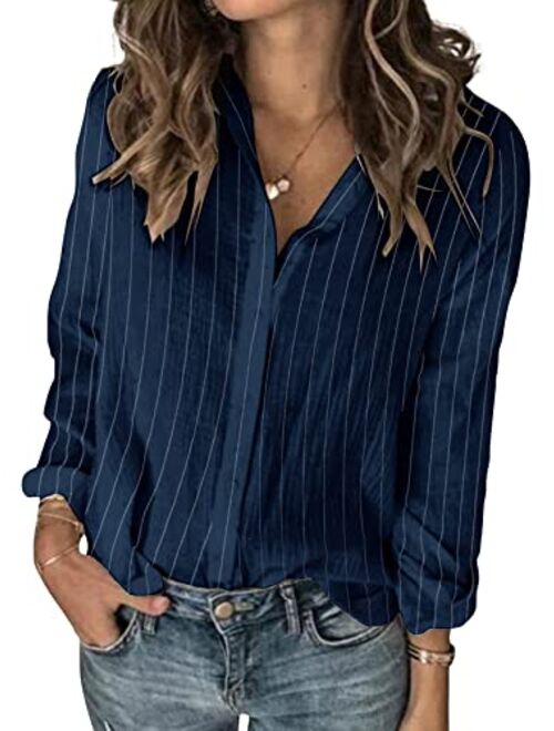 Karlywindow Womens Long Sleeve Button Down Cotton Linen Shirt Blouse Loose Fit Casual V-Neck Tops