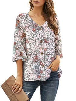 Ecrocoo Women's Casual 3/4 Tiered Bell Sleeve V Neck Print Button Down Loose Tops Blouses Shirt