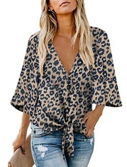 Ecrocoo Women's Casual 3/4 Tiered Bell Sleeve V Neck Print Button Down Loose Tops Blouses Shirt