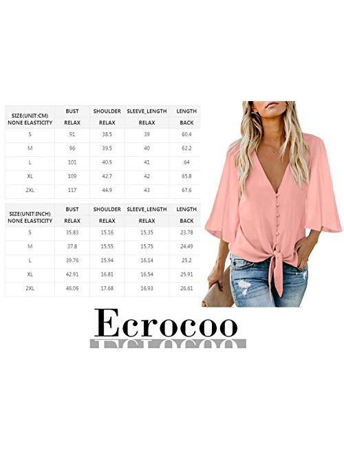 Ecrocoo Women's Casual 3/4 Tiered Bell Sleeve V Neck Print Button Down Loose Tops Blouses Shirt