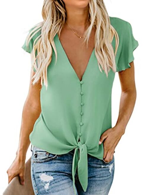 Ecrocoo Women's Casual 3/4 Tiered Bell Sleeve V Neck Print Button Down Loose Tops Blouses Shirt