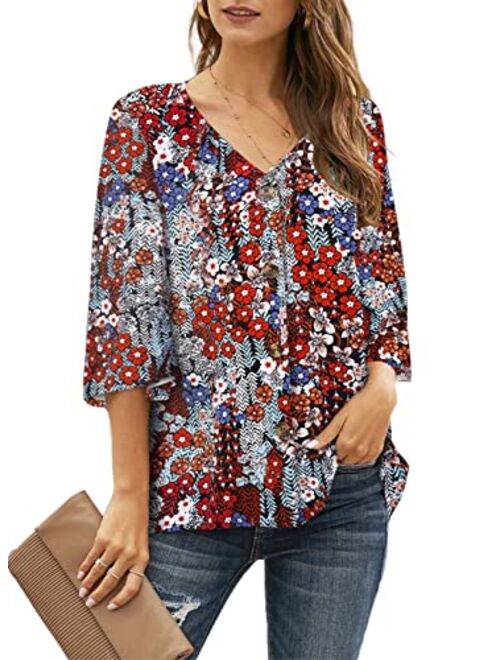 Ecrocoo Women's Casual 3/4 Tiered Bell Sleeve V Neck Print Button Down Loose Tops Blouses Shirt