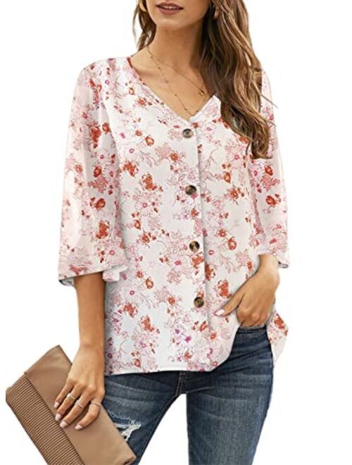 Ecrocoo Women's Casual 3/4 Tiered Bell Sleeve V Neck Print Button Down Loose Tops Blouses Shirt