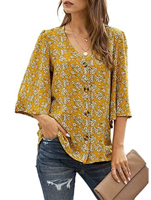 Ecrocoo Women's Casual 3/4 Tiered Bell Sleeve V Neck Print Button Down Loose Tops Blouses Shirt